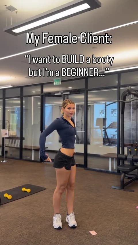 Mira standing in a gym in the cover of her beginner glute-training Reel