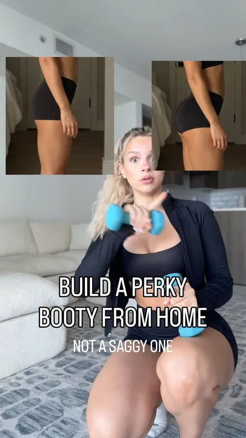 Monica holding blue dumbbells in the cover of her glute-training Reel